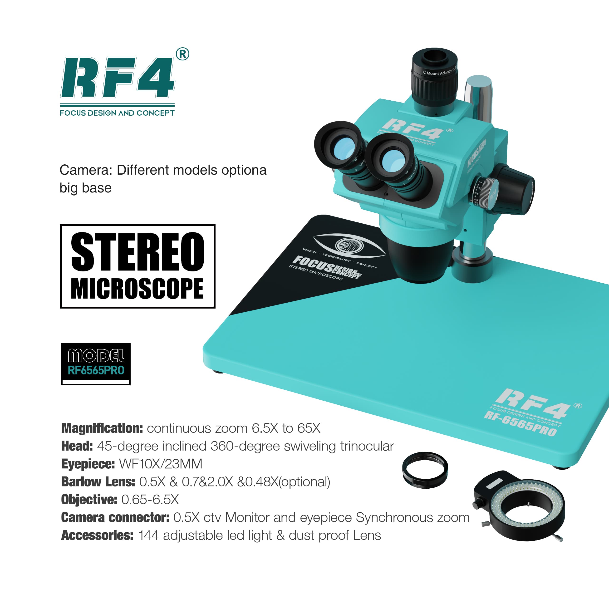 RF 6565PRO TRINOCULAR STEREO MICROSCOPE